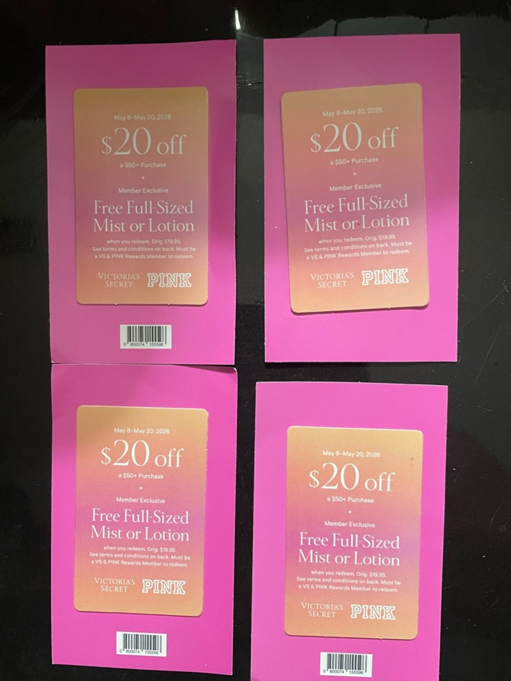 PINK Victoria's Secret Bright Pink Coupon/Promotional Cards - Set of 4